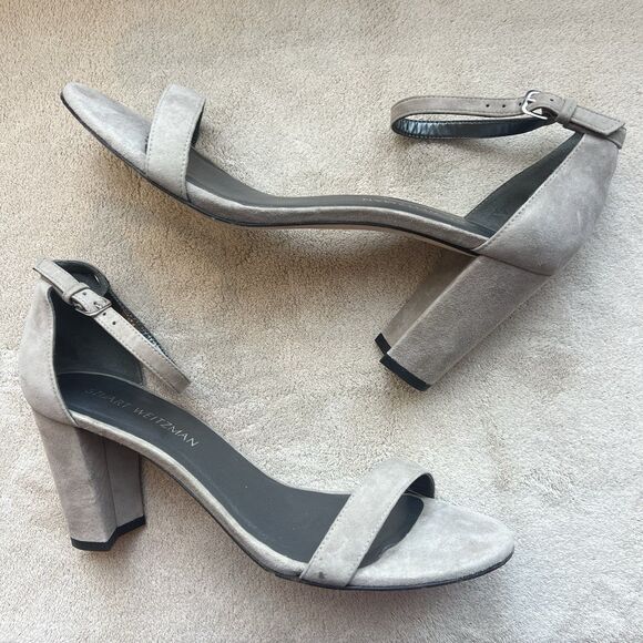 Stuart Weitzman Amelina Gray Suede Block Heel Sandals Women 10 M Minimalist - Picture 1 of 13